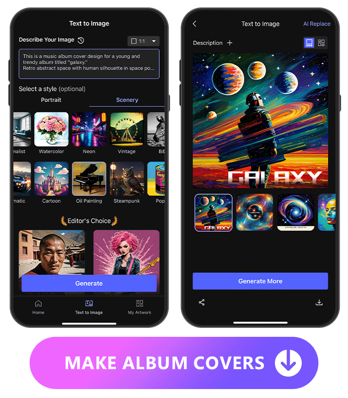text to image UI of Vivid AI with prompts at left side and generated album cover at the right side